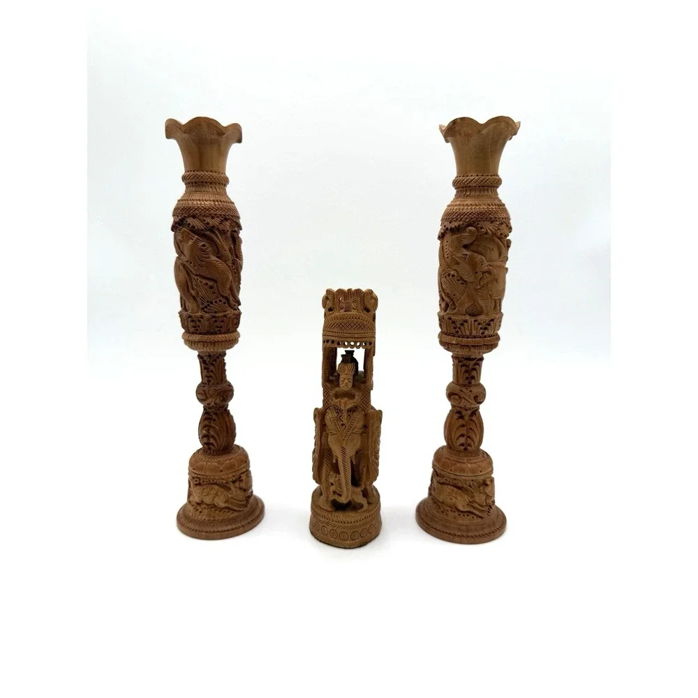 Pair Hand Carved Wooden Flower Bud Vase Elephants Lions Home Garden Decor Art